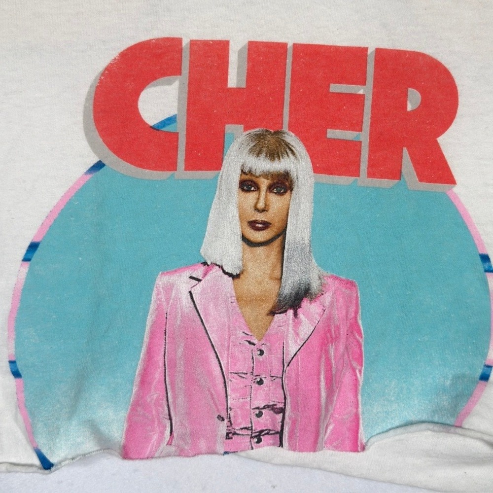 Cher Graphic Crop Top White Cotton Short Sleeve Music T-Shirt Womens Medium